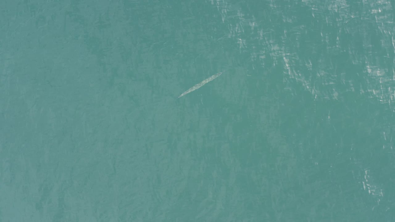High overhead view of turquoise water in Baja California Sur, Mexico, with a faint pale gray elongated shape near the upper left area and no visible people.
