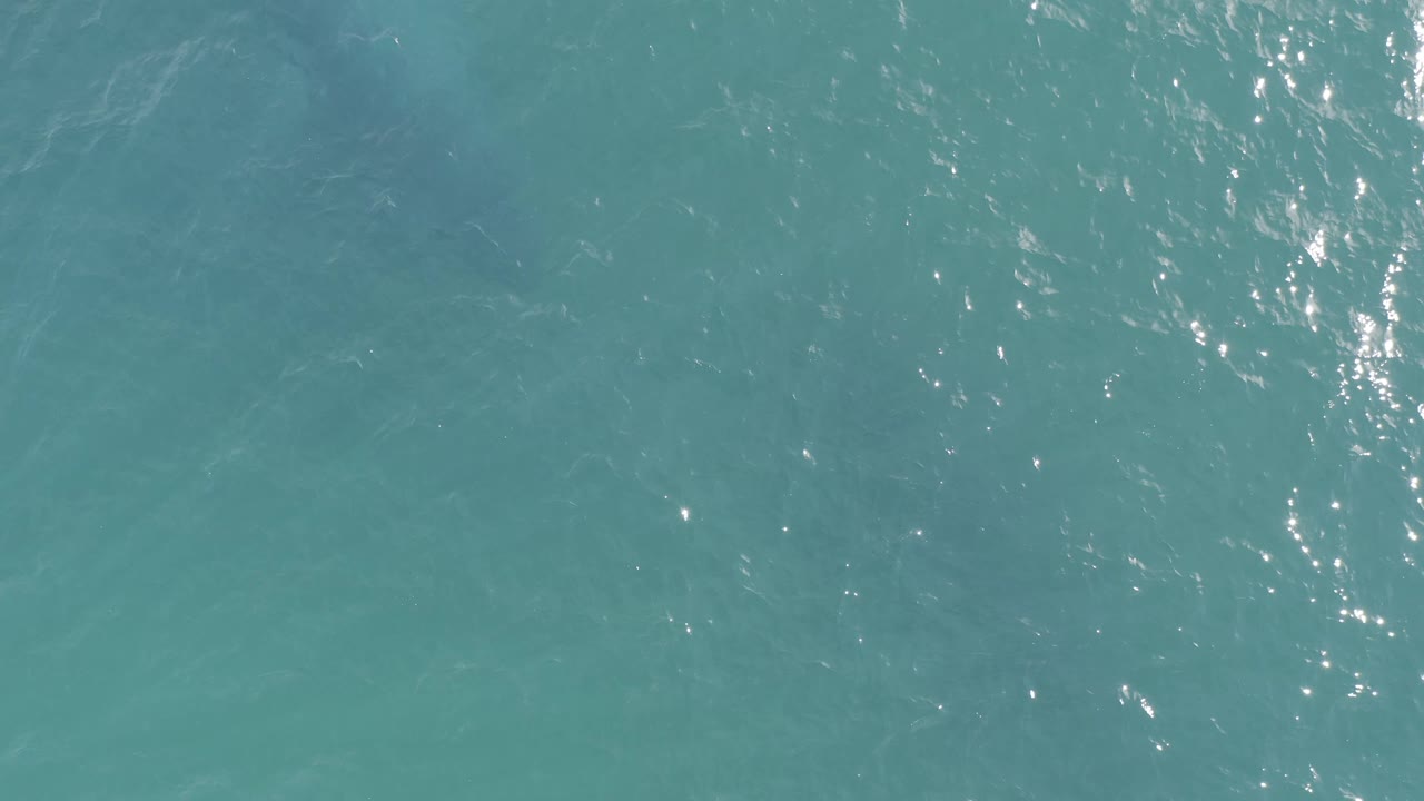 Overhead ocean view in Baja California Sur, Mexico, with blue green water, silver highlights, a small white foam patch near the upper edge, and no visible people.