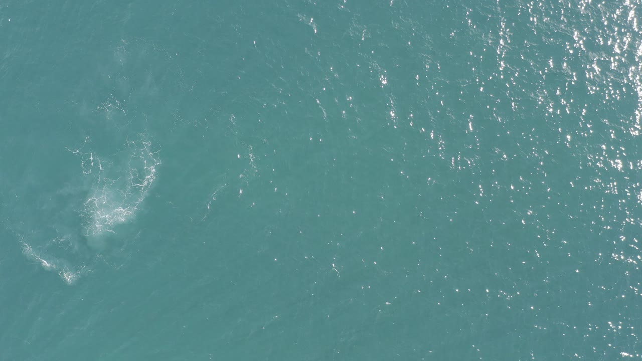 Overhead view of turquoise ocean in Baja California Sur with a small white foam swirl near the left side and no visible people.