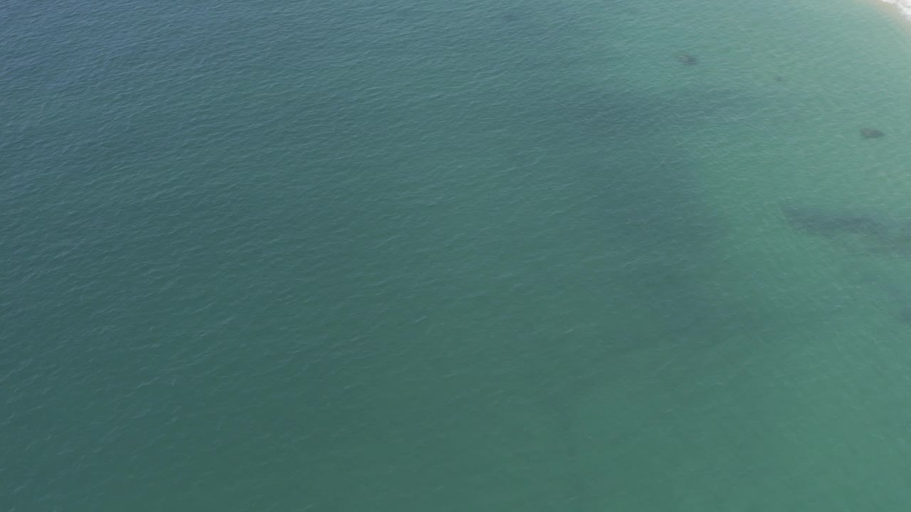 Top-down Baja California Sur ocean frame with green-blue water, scattered gray forms below the surface, a faint pale band near the top edge, and no visible people.