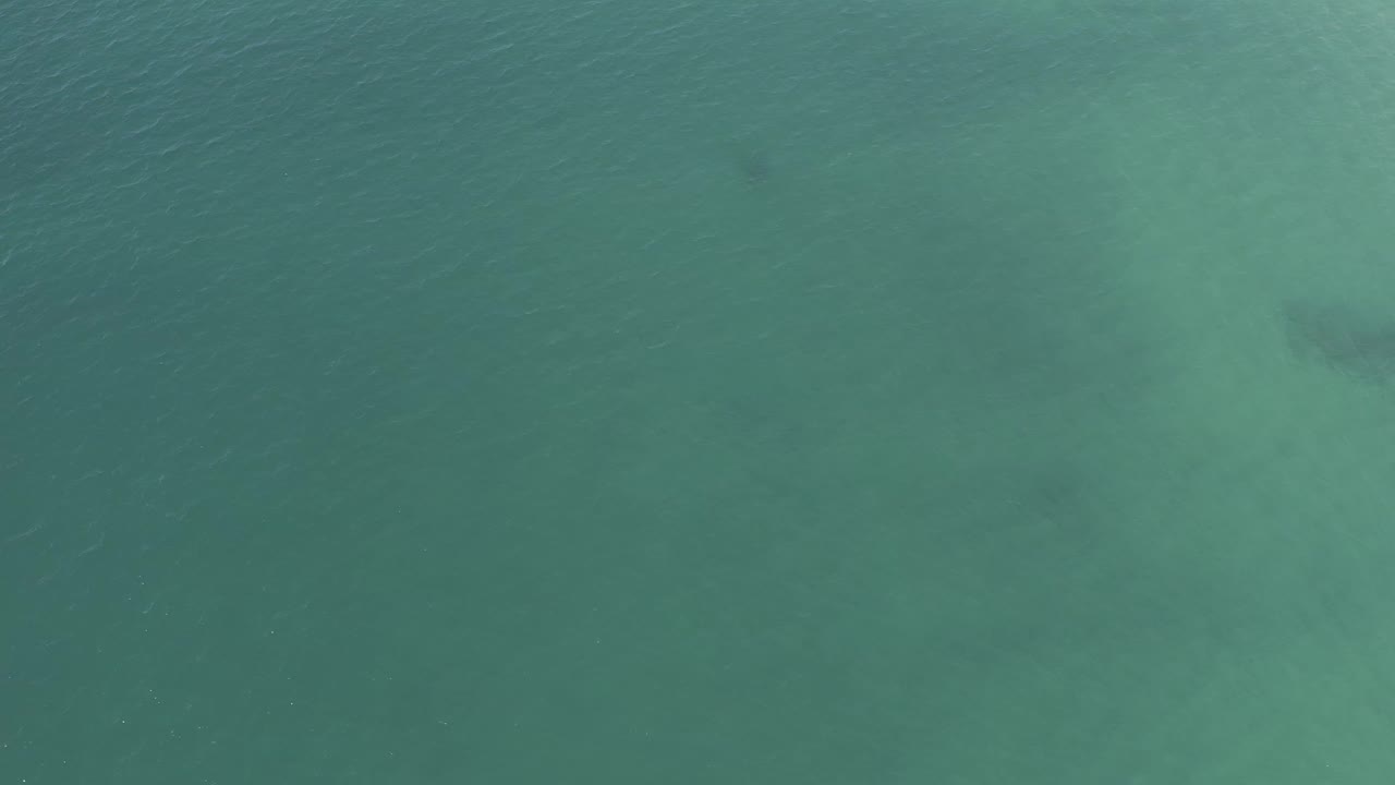 Top-down frame of green-blue water in Baja California Sur Mexico, with cloudy pale seabed patterns, a darker underwater patch near the top, and no visible people.