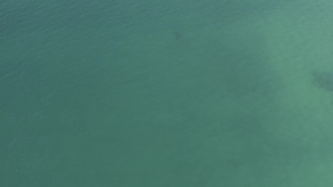 Aerial-looking view over teal water in Baja California Sur Mexico, showing pale sand clouds under the surface, a faint dark shape near the top edge, and no visible people.