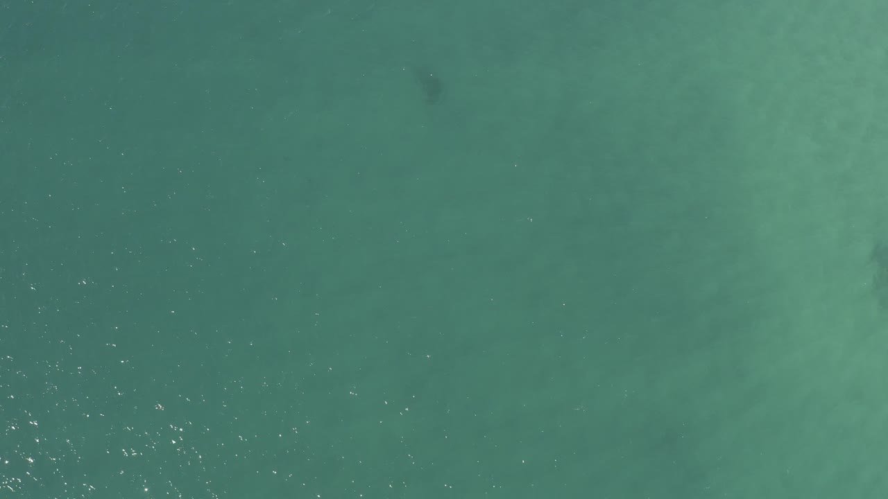Overhead view of turquoise ocean in Baja California Sur, Mexico, with faint darker underwater patches near the edges and no visible people.