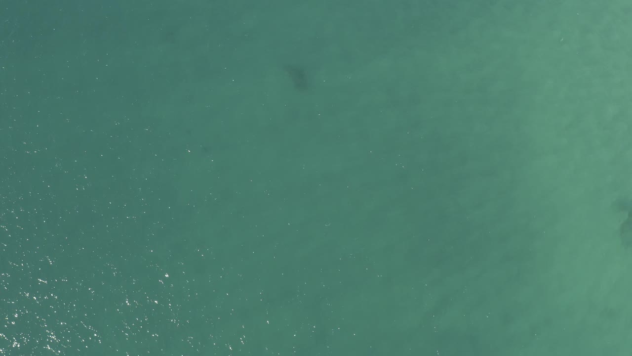 Aerial view over Baja California Sur turquoise water with scattered sun glitter near the lower part of the frame and no visible people.