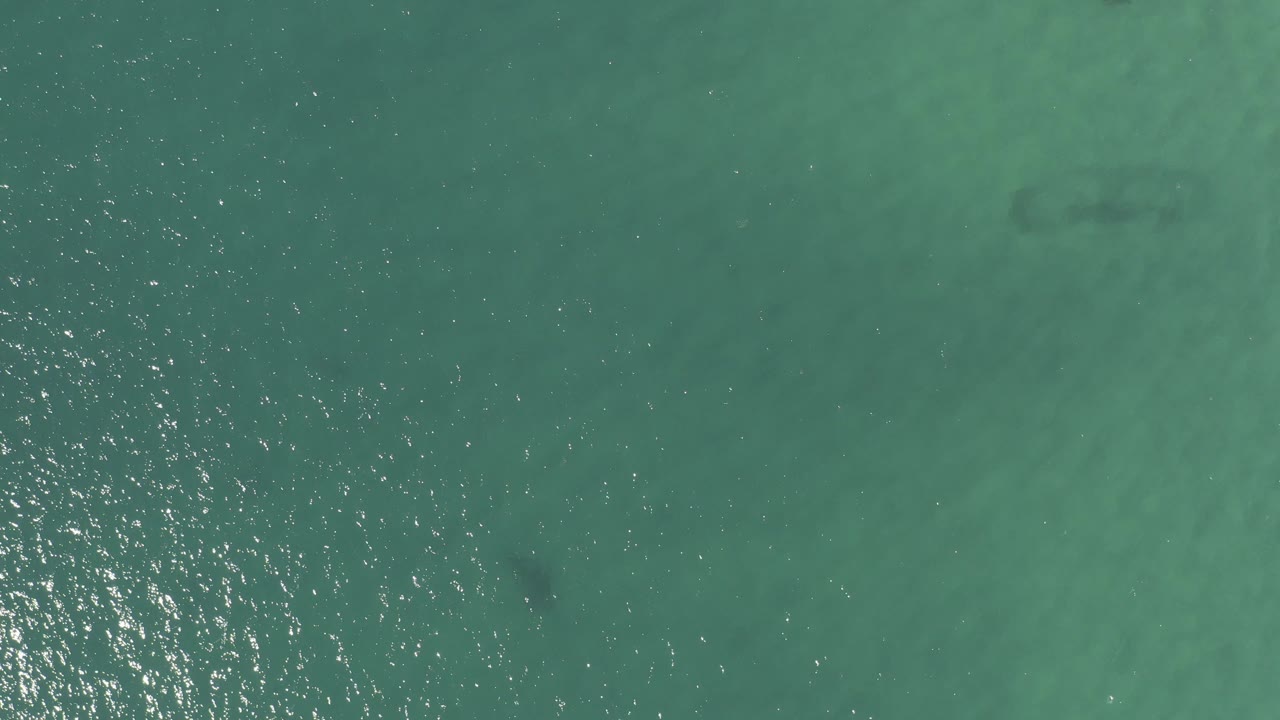 Top-down turquoise water with sun glitter and faint submerged rocks.