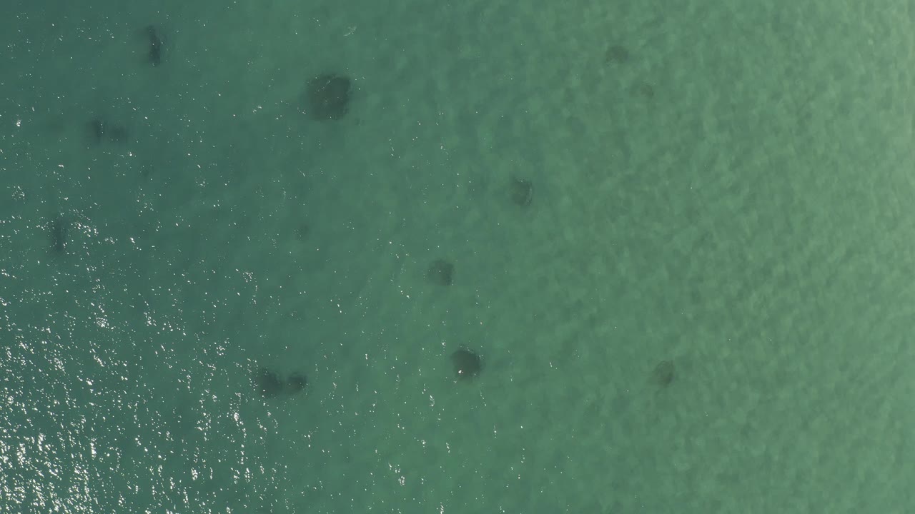 Overhead view of turquoise water in Baja California Sur with scattered dark underwater patches, surface ripples, sun flecks, and no visible people.