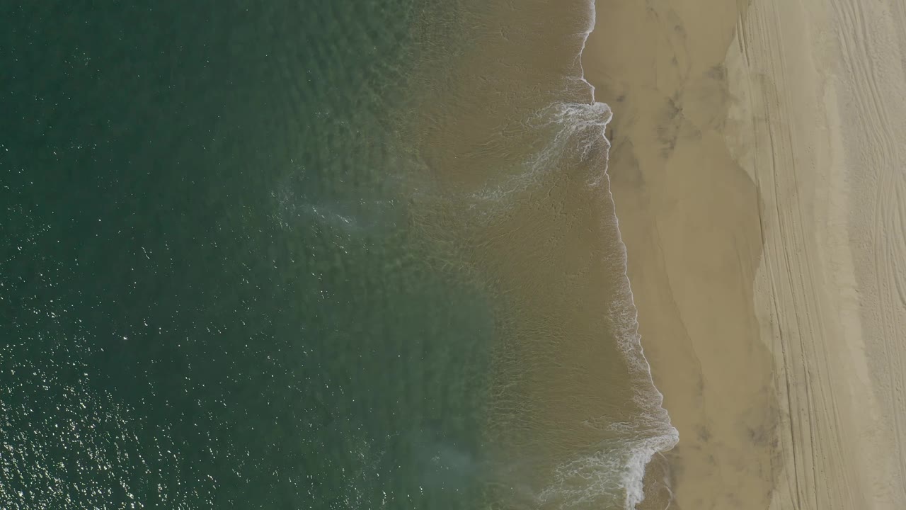 Aerial view of the Baja California Sur shoreline with darker wet sand between the green water and lighter tracked beach, with no visible people.