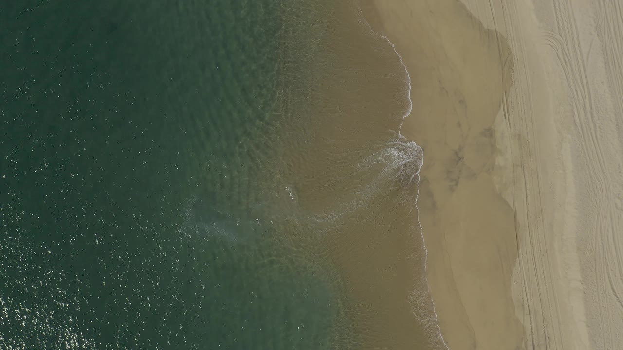 Top-down Baja California Sur beach view where foamy water curves into a shallow inlet shape beside smooth tan sand and visible parallel tracks, with no visible people.