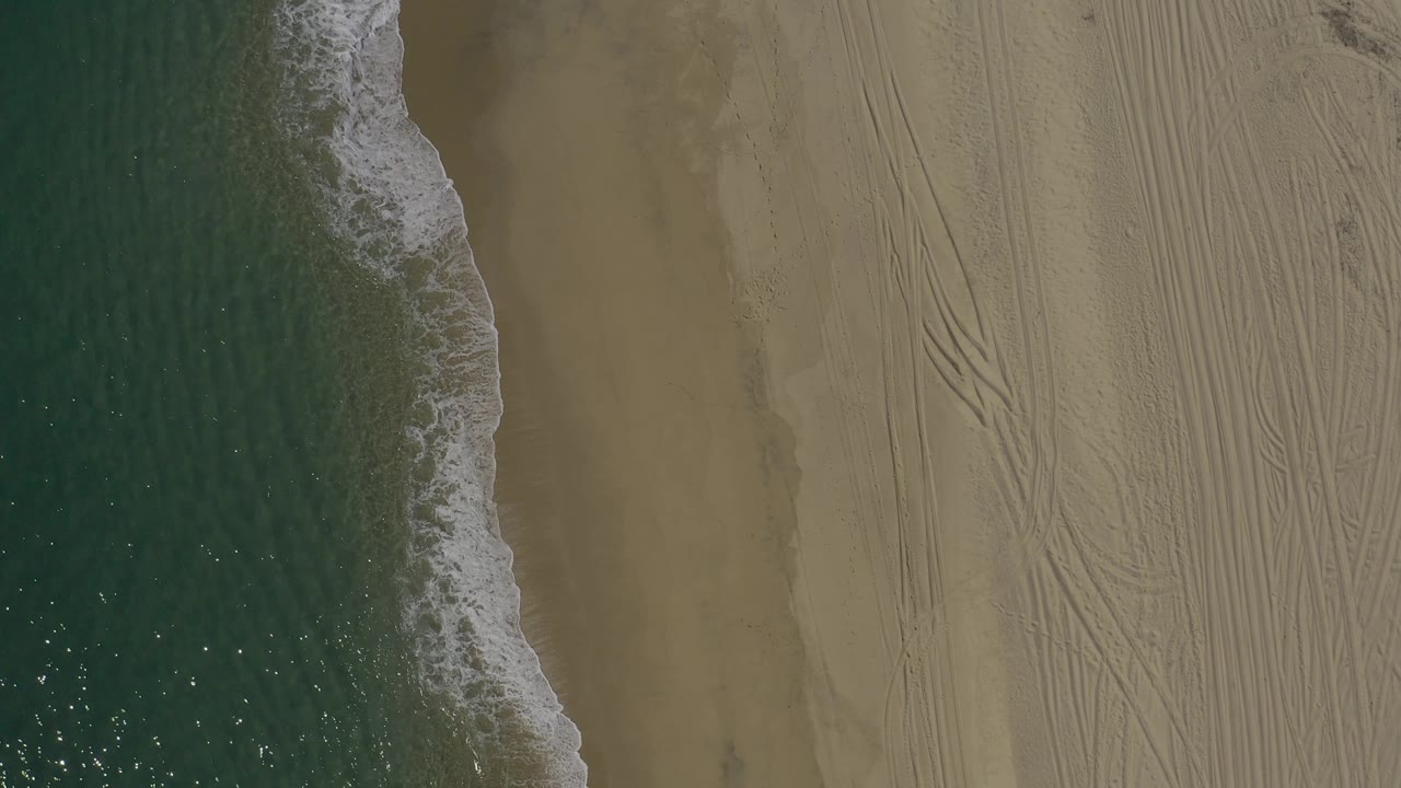 Vertical overhead view of Baja California Sur coastline, with dark green-blue sea on the left, foam sliding along smooth wet sand, tracked dry beach to the right, and no visible people.