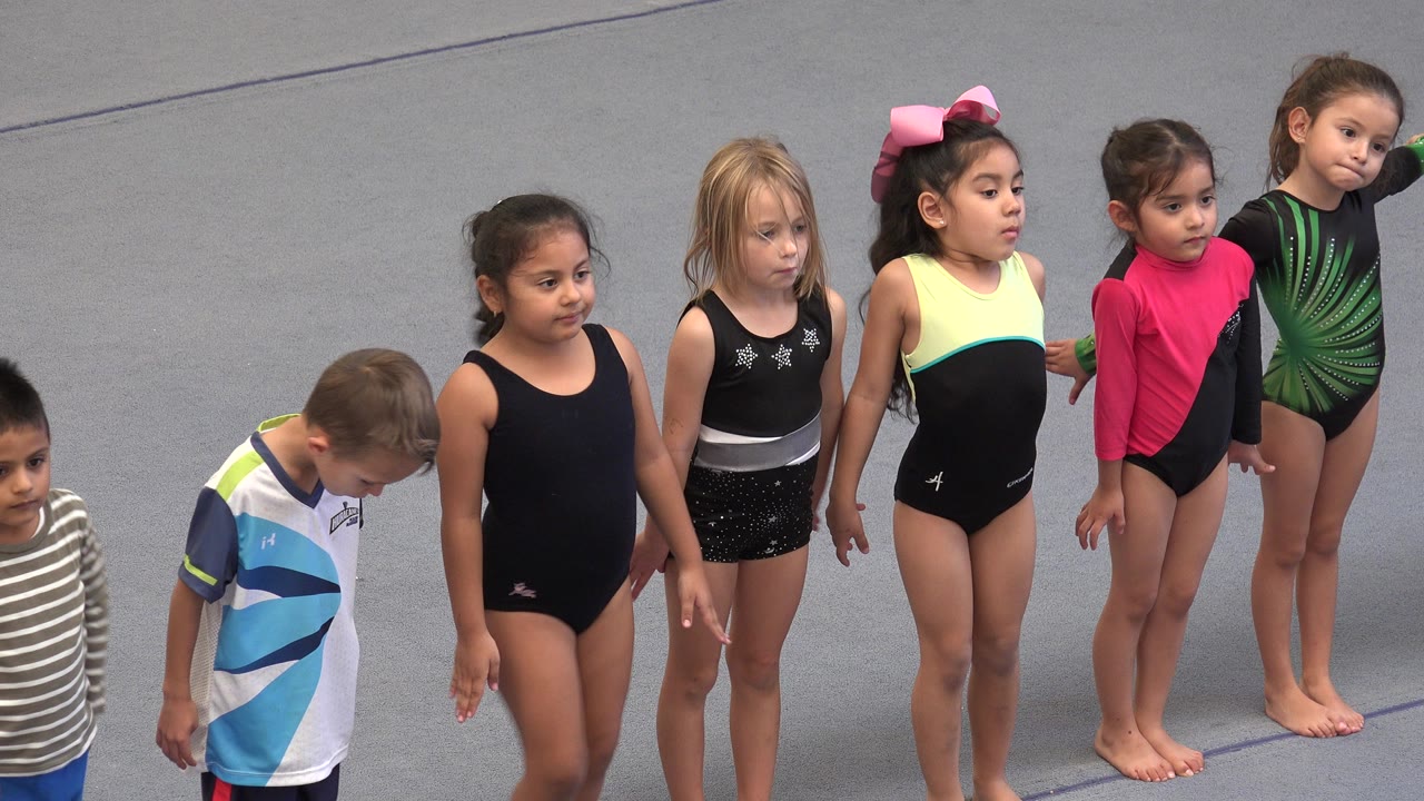 Children standing in a line on a gray gym floor.