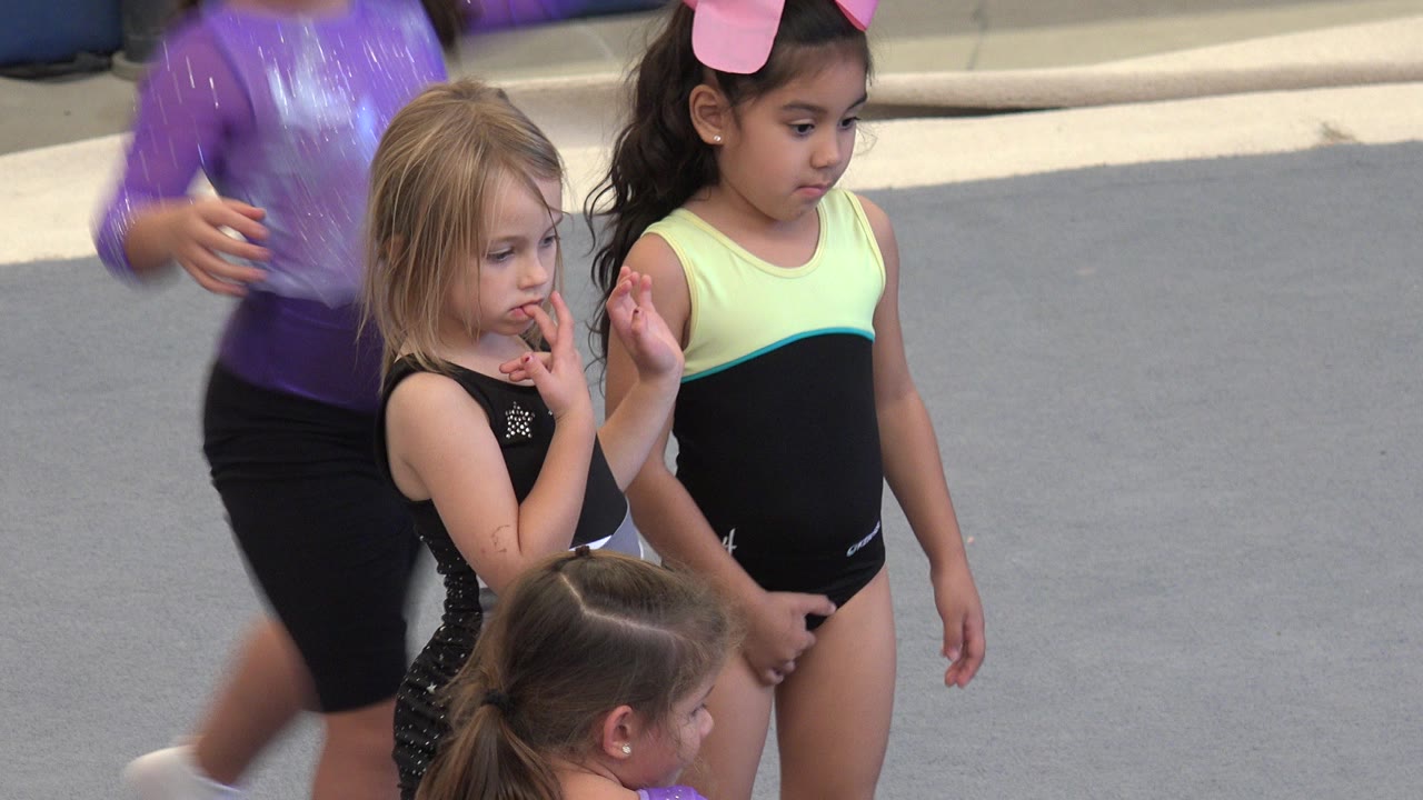 Young gymnasts stand on a gray gym floor.