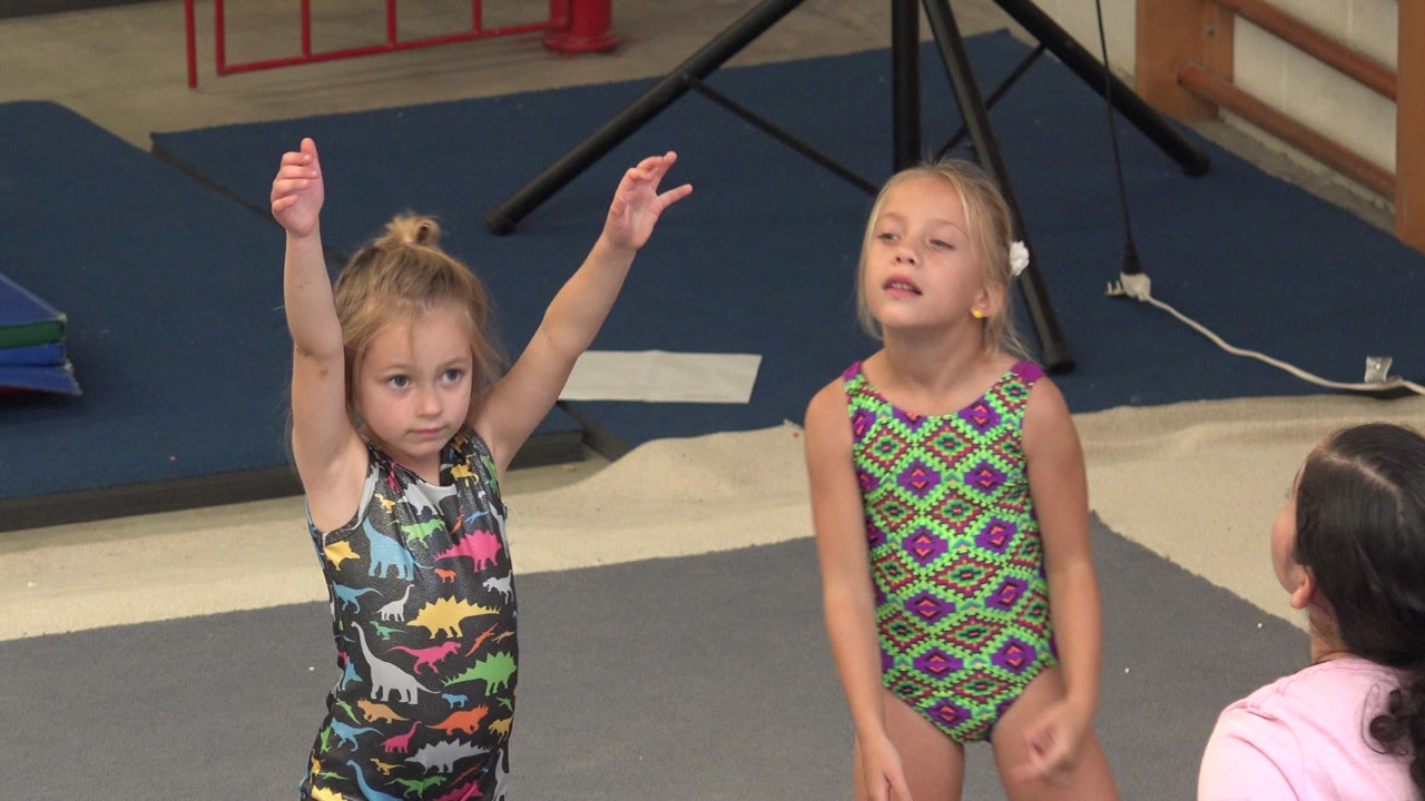 Two young girls in leotards warm up on gym mats with an adult partly visible.