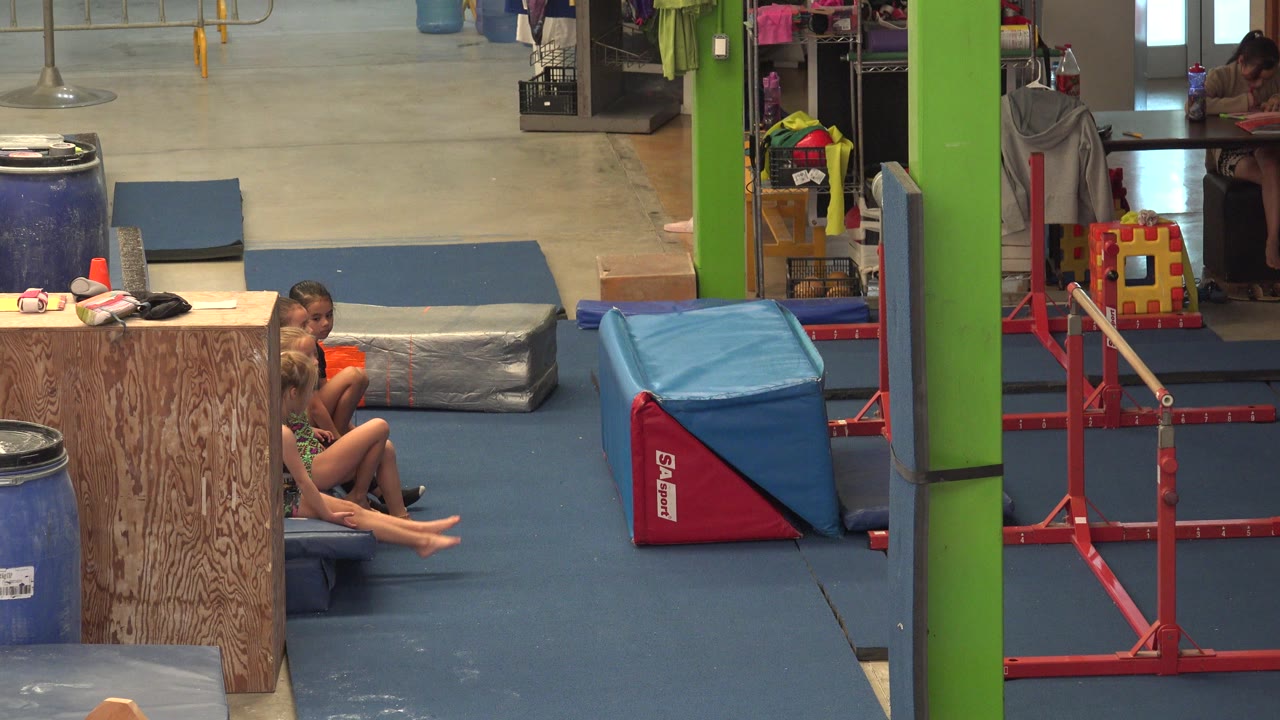 Girls seated on gym mats beside a plywood divider and gymnastics equipment.