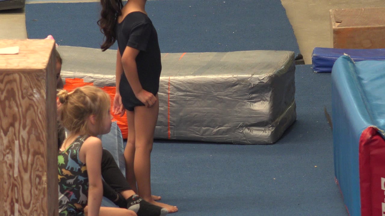 Girl in black leotard stands partly cropped near a seated child.