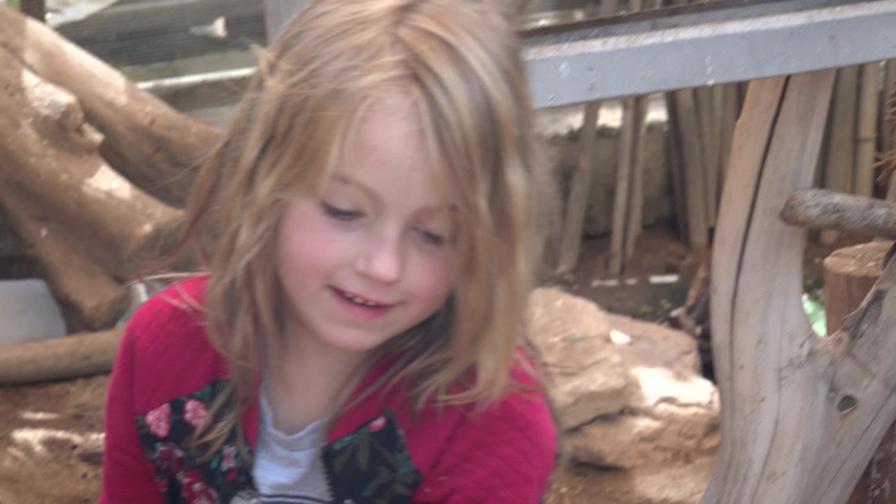 Young girl in a red jacket seen close up near wooden roots and rocks.