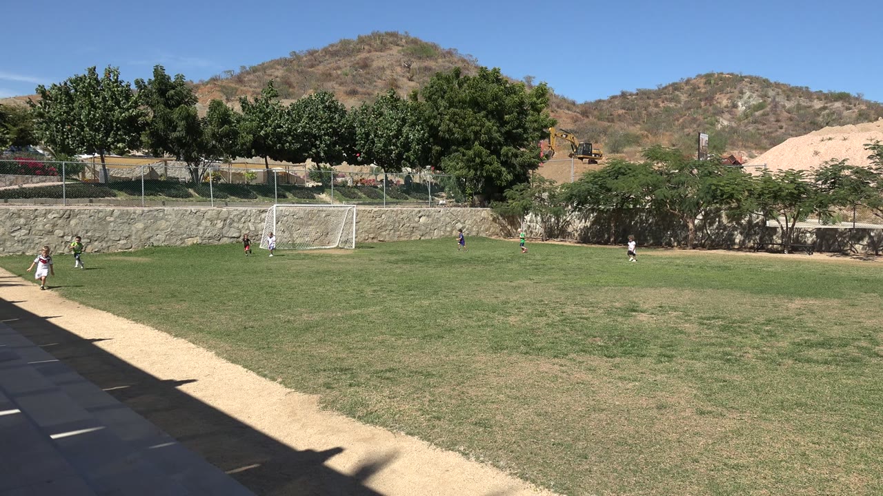 Children on a soccer field with a goal and hillside behind them.