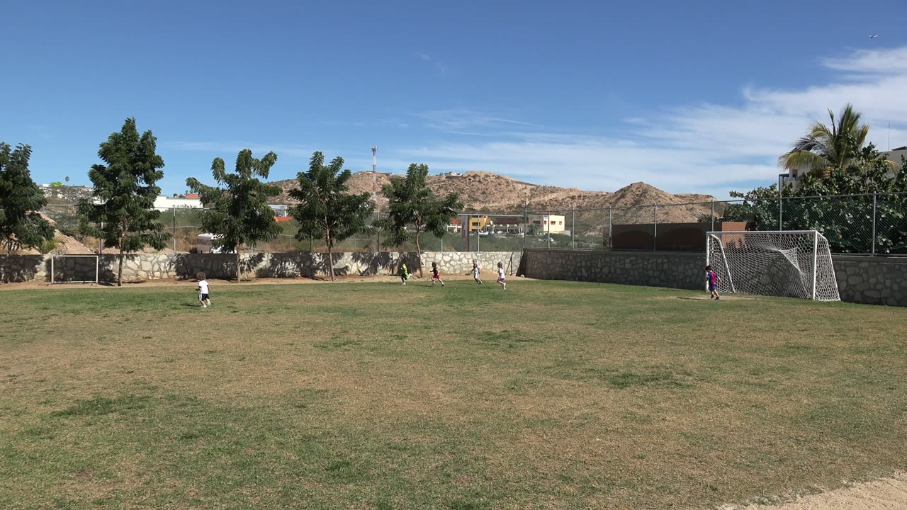 Children running on a soccer field under a clear sky.