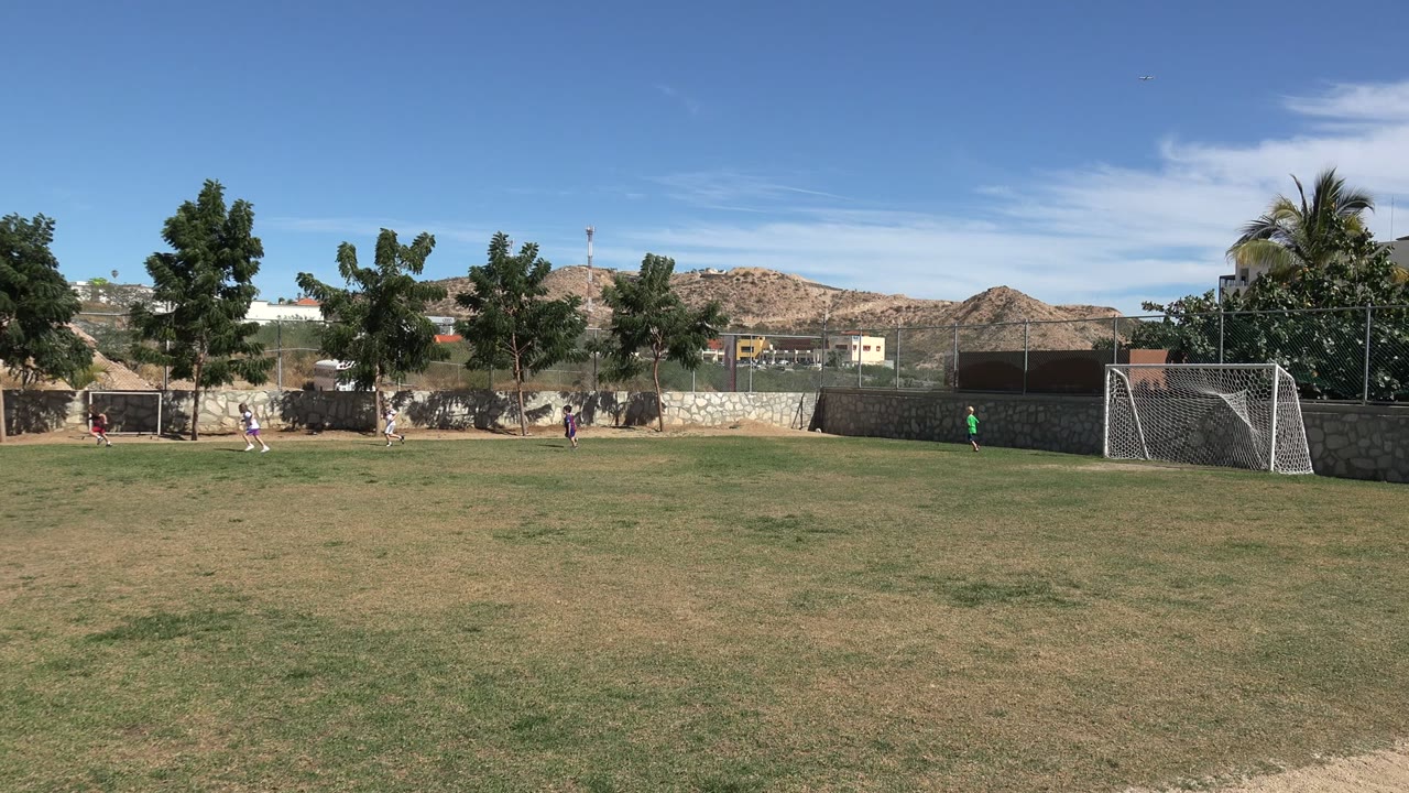 Wide soccer field with children playing near small goals