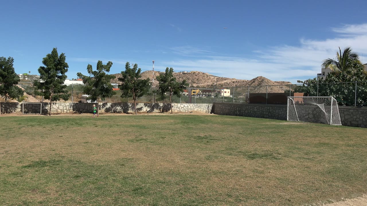 Soccer field with a runner in green near the left goal and a white goal on the right.