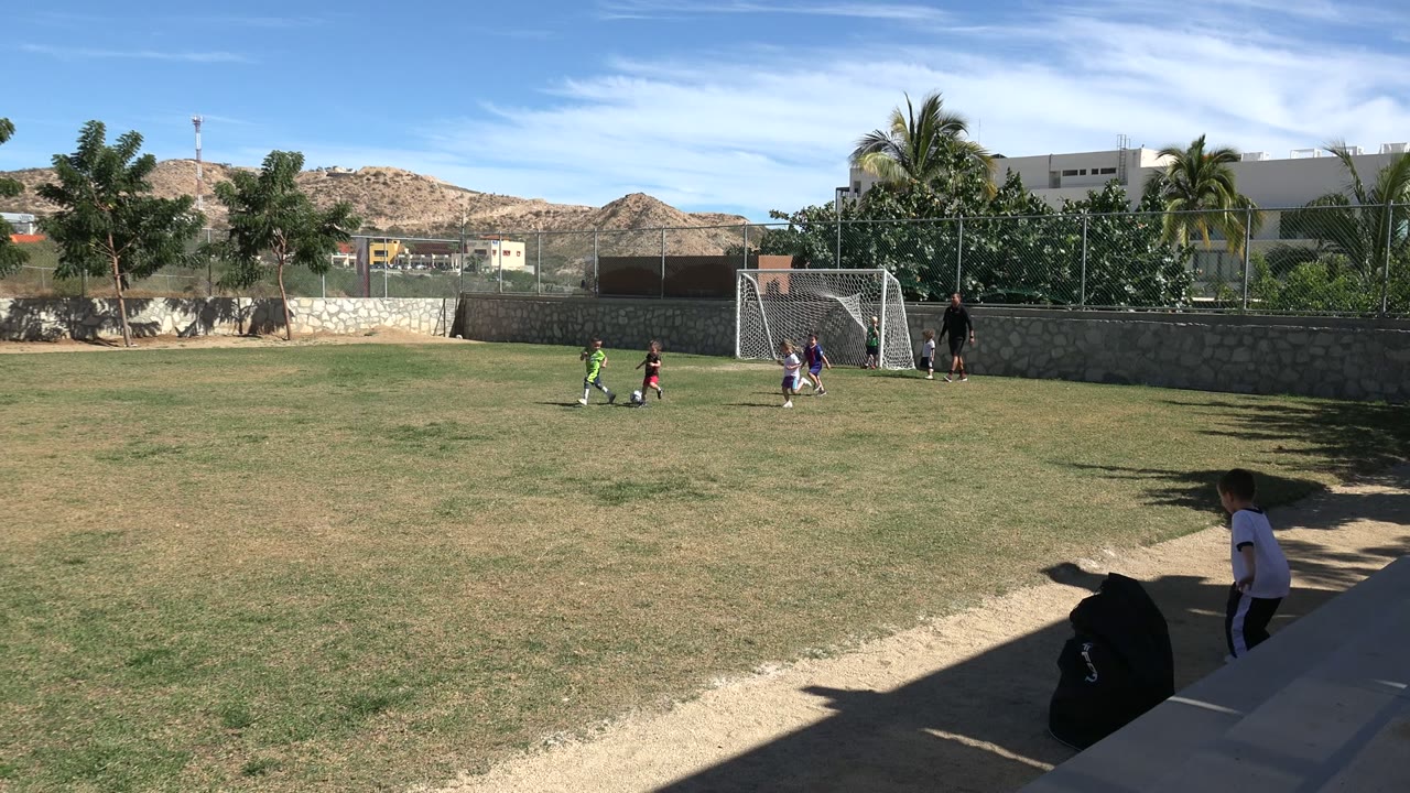Children play soccer near a metal goal on a sunny grass field in Los Cabos, Mexico, with an adult by the net, palm trees, walls, buildings, and hills behind them.
