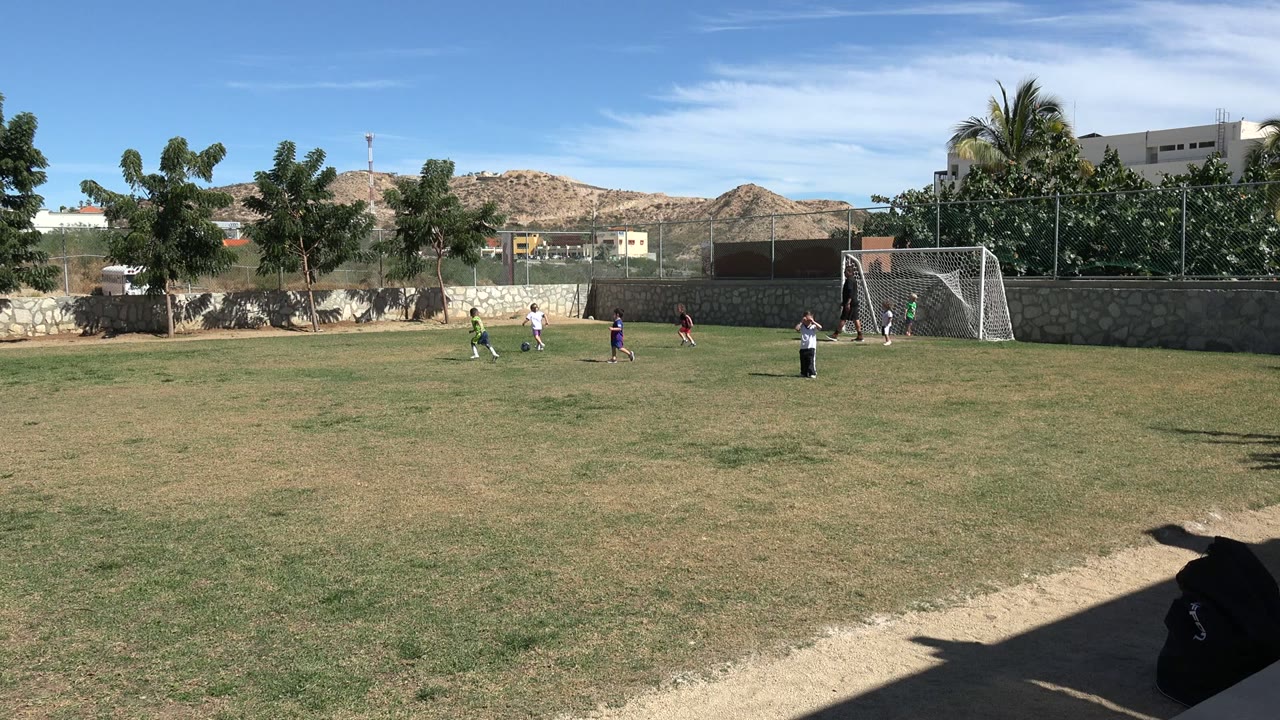 The players shift farther across the Los Cabos soccer field, with children in green, white, purple, and red shirts moving in front of the goal and a shaded foreground edge.