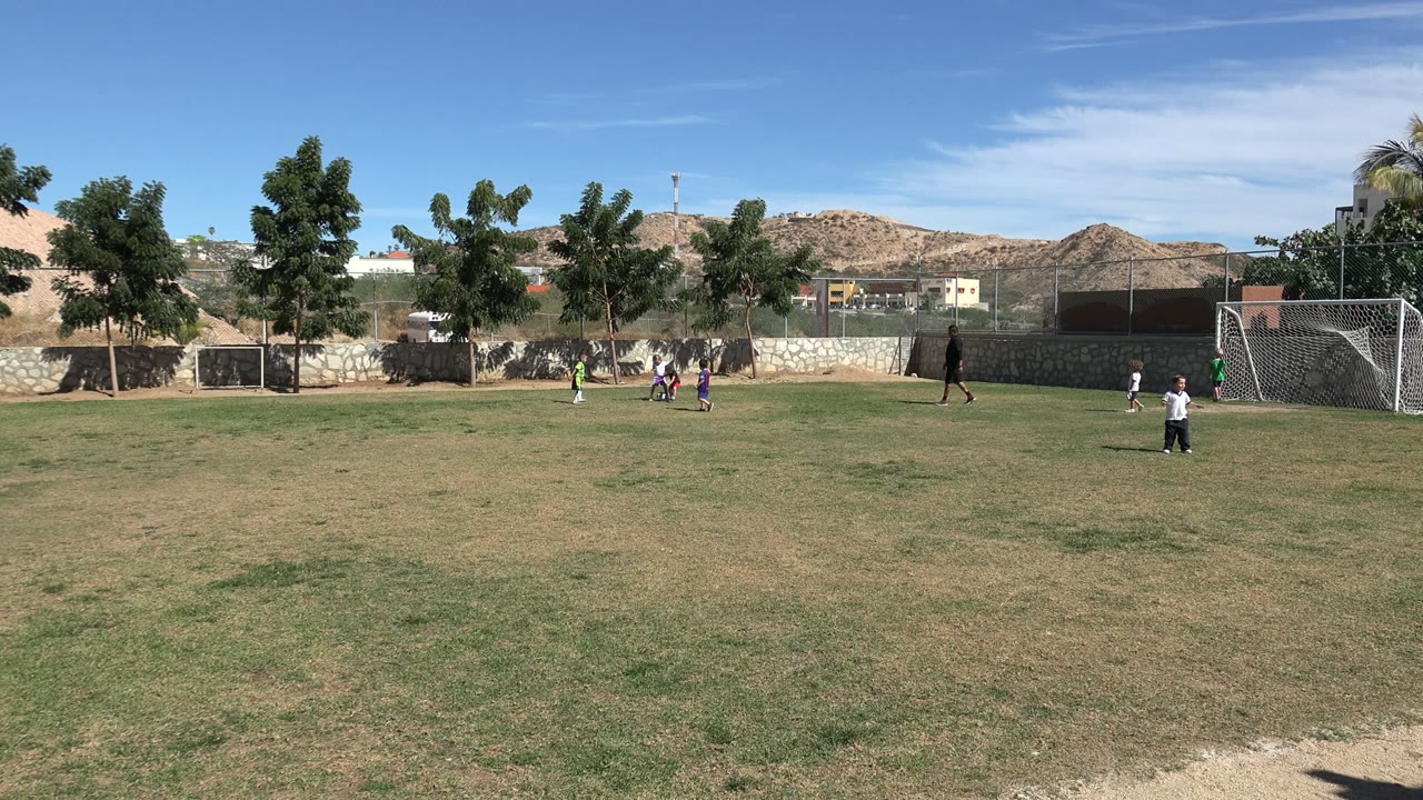 Wide view of a Los Cabos soccer field with children spread across the grass, an adult coach near the right side, goals, trees, fencing, and dry hills in the background.