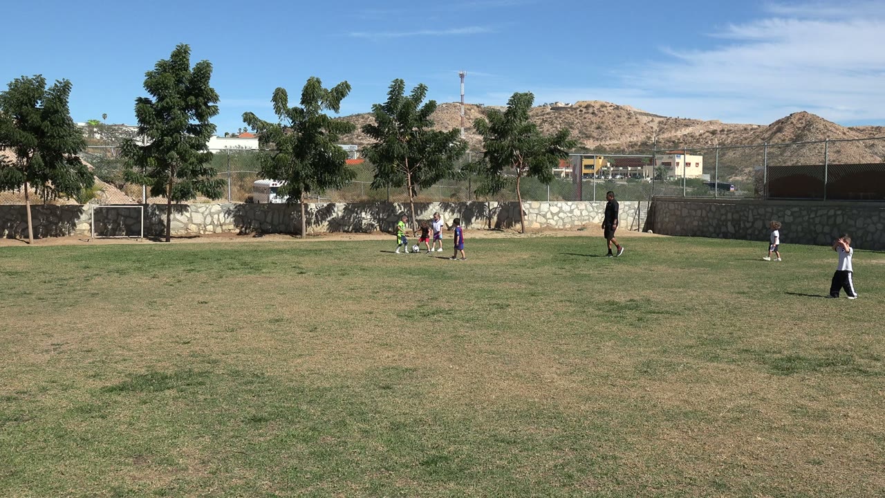 Kids cluster around a soccer ball with a coach standing nearby.