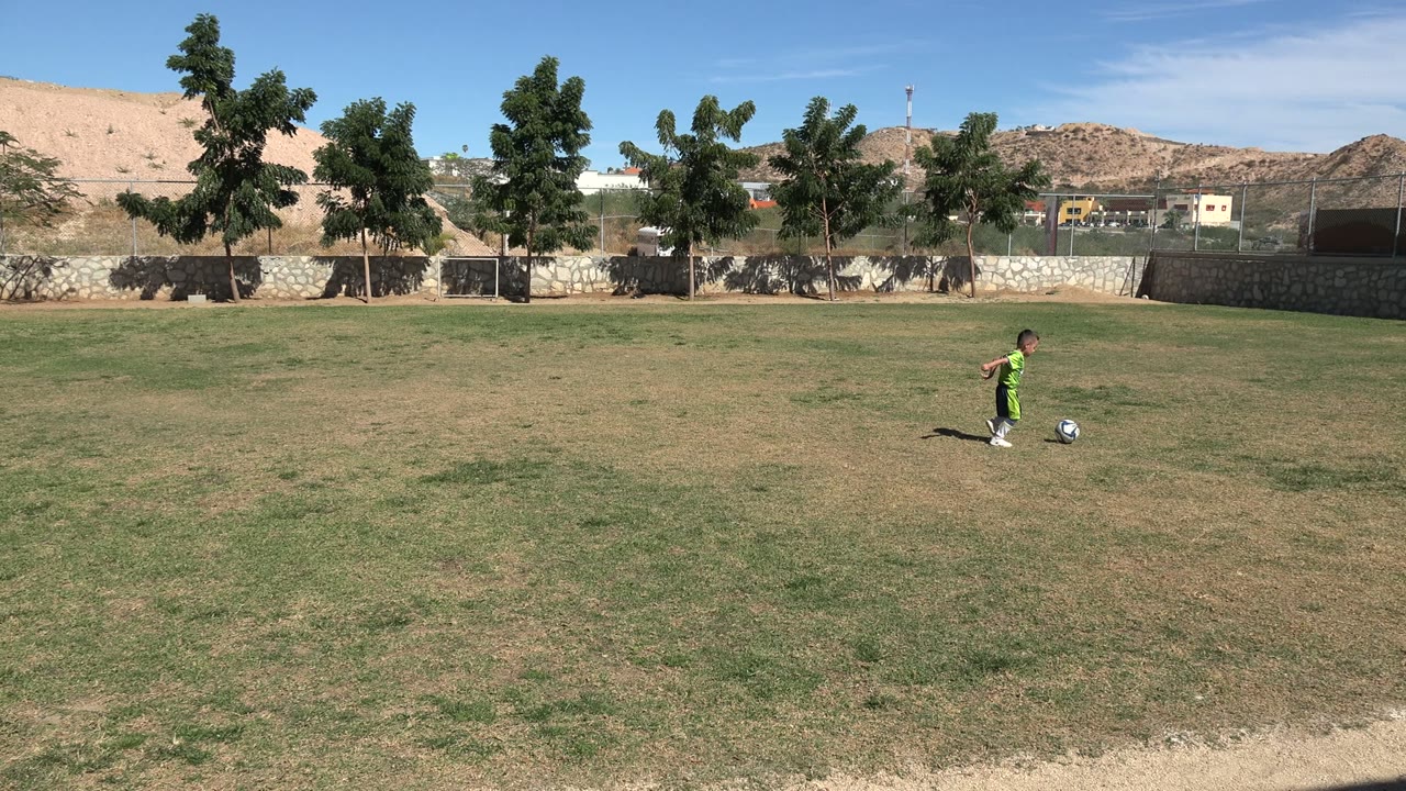 Young boy stands with a soccer ball on a sunny grass field.