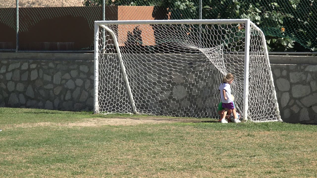 Children stand and walk near a white soccer goal on a grass field.