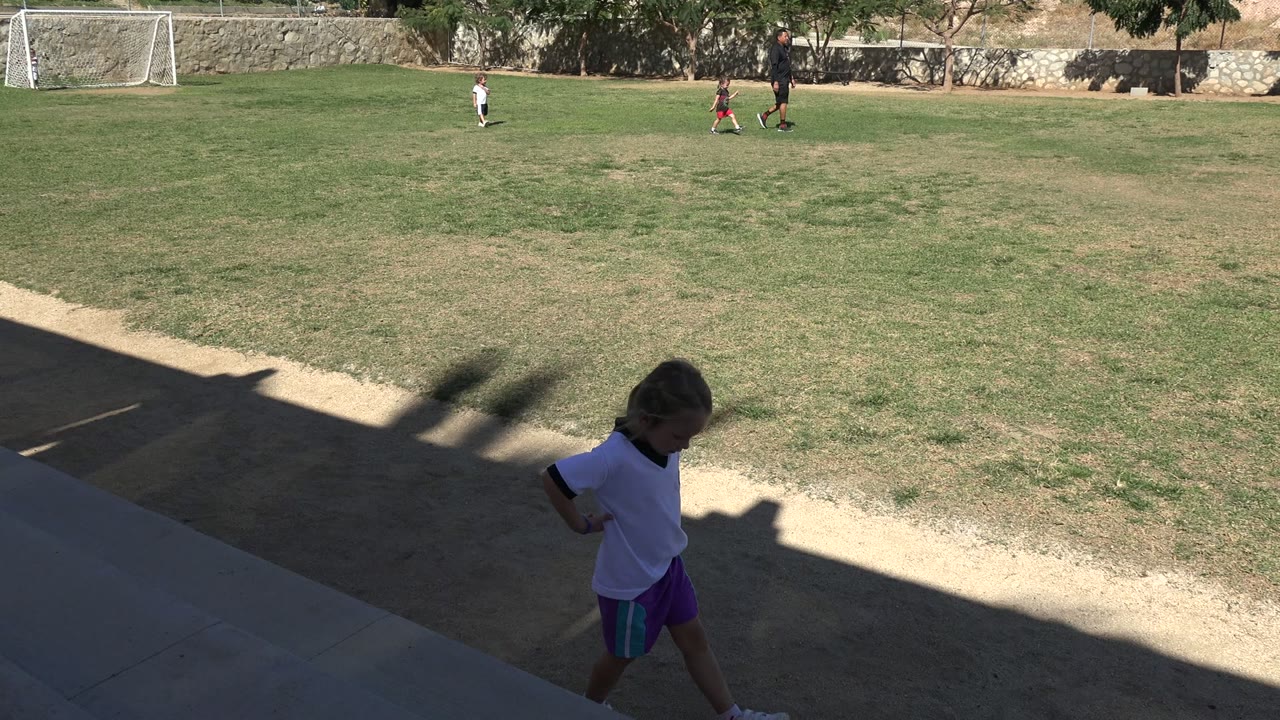 Child standing in shade beside a soccer field while players are distant on the grass.