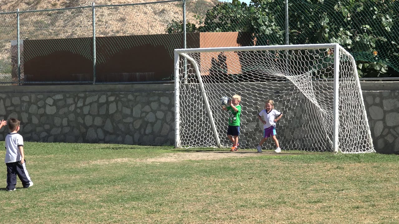 Children stand near a soccer goal on a grass field.