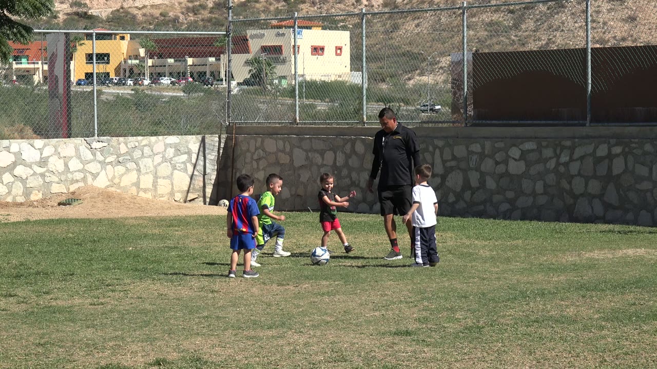 Children playing soccer near an adult coach on a grassy field.