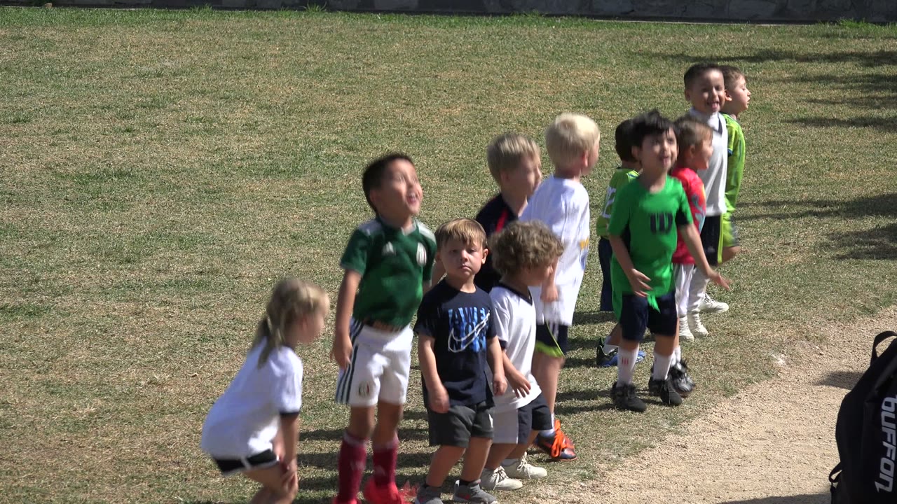Children lined up on a sunny grassy field.