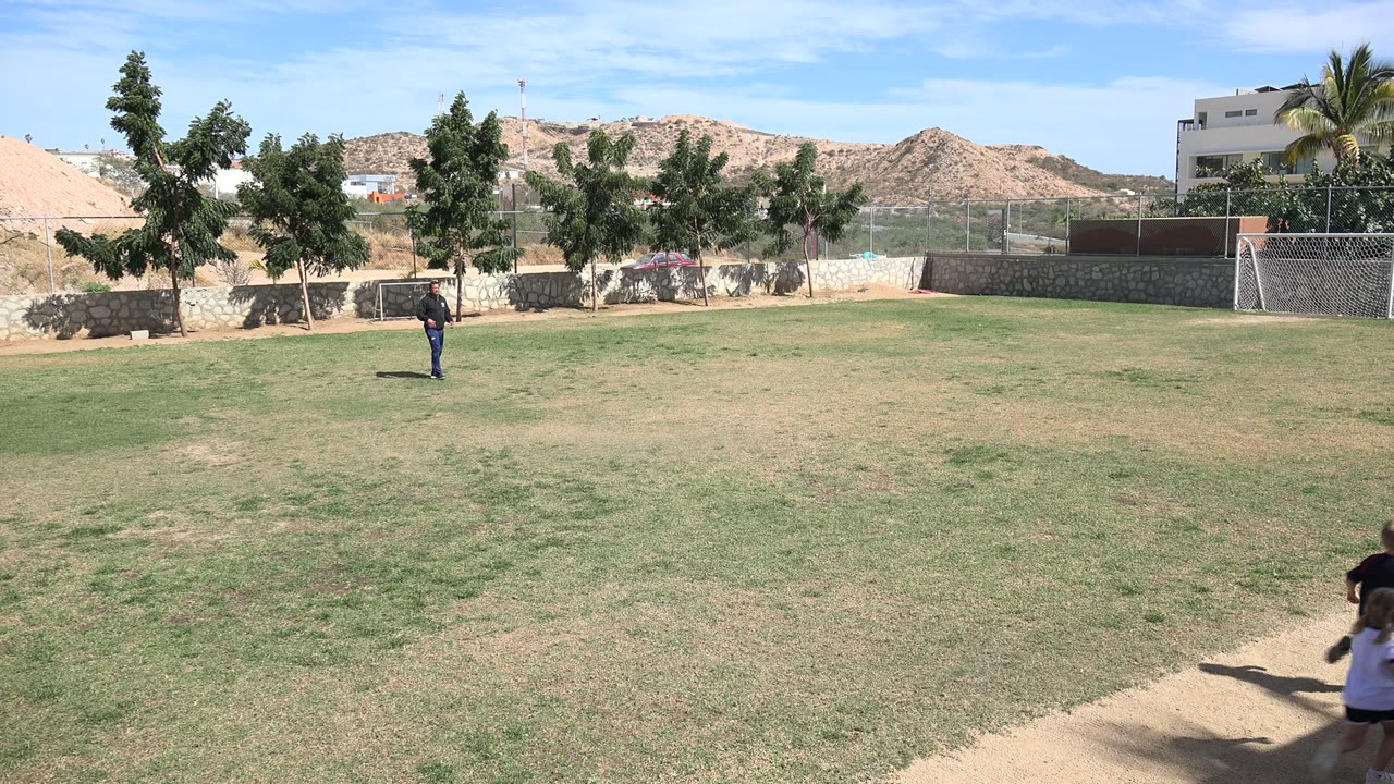 Adult standing on grass field under bright sun.