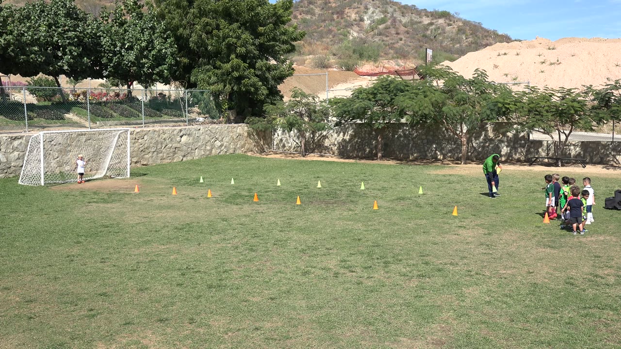 Kids and a coach on a soccer field with cones and a goal.