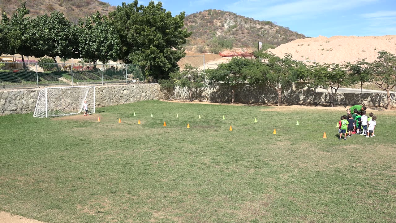 Wide soccer field with children near cones and a white goal at left.