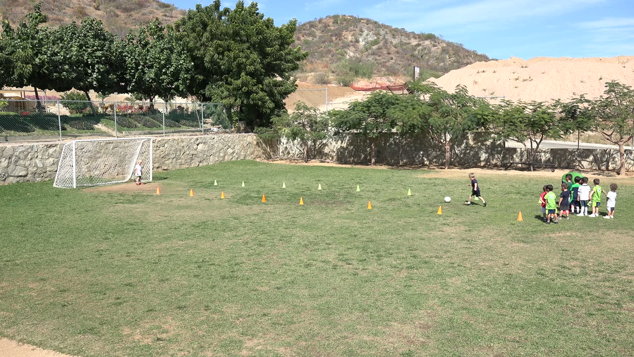 Coach stands near a soccer ball while children gather on a grassy field.