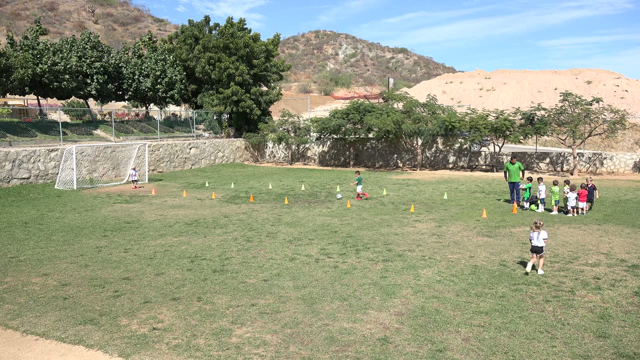 Children and a coach on a soccer field with cones and goals.
