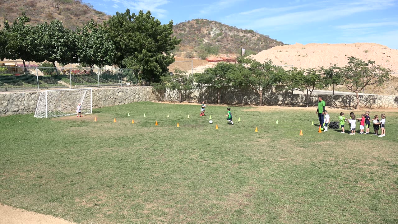 Children practice football drills on a sunny grass pitch with cones and small goals.
