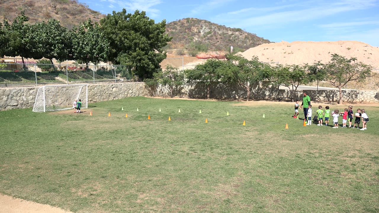 Children line up beside a coach on a soccer field with cones and a small goal.