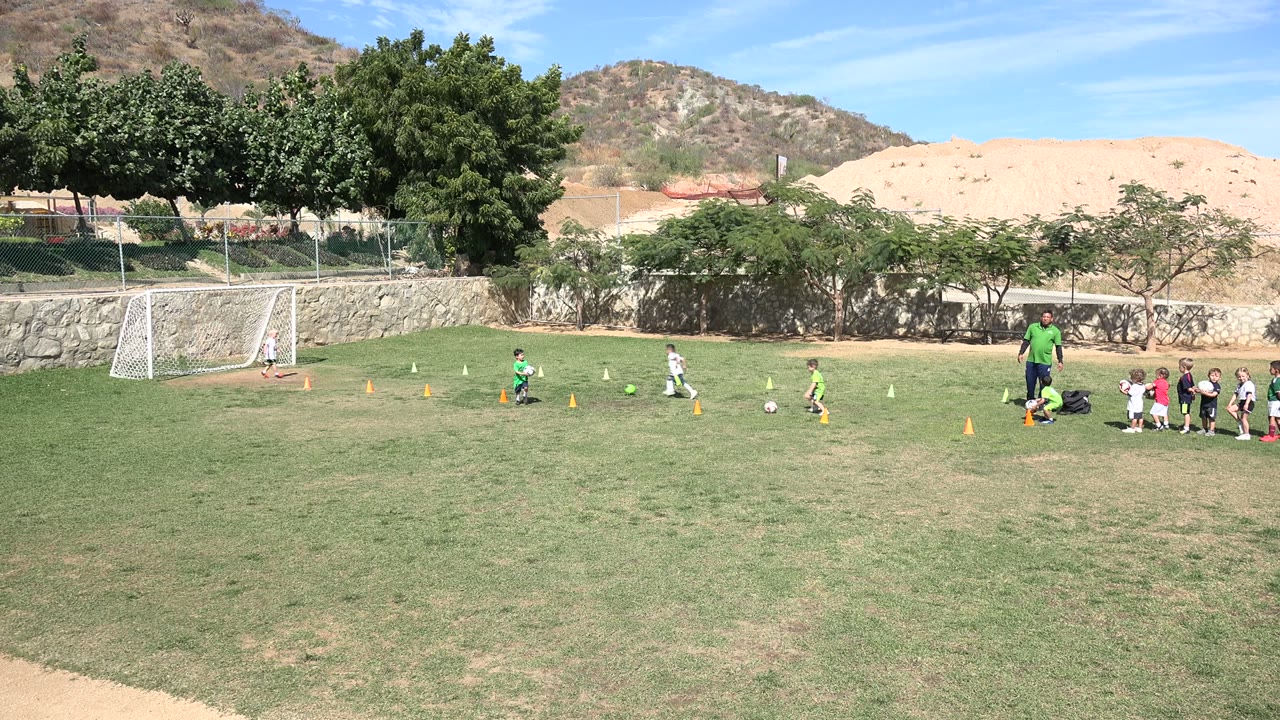 Children kicking a ball on a grass field with a coach and cones nearby.