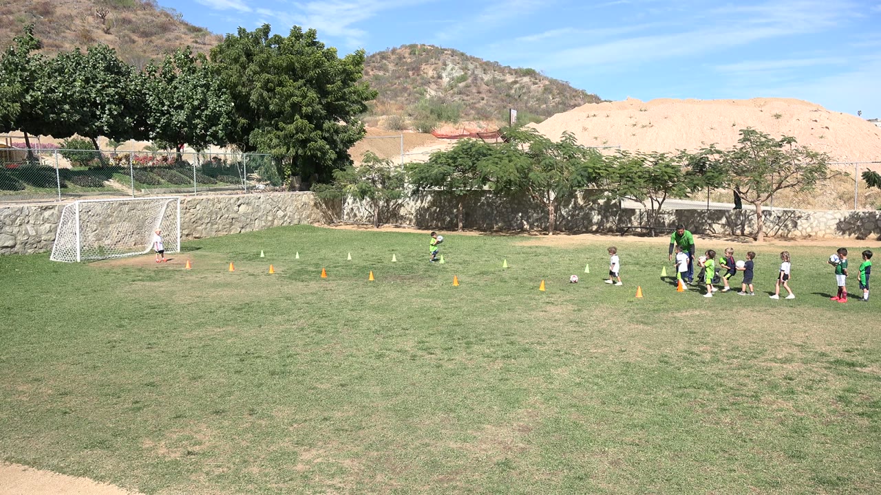 Children on a soccer field near cones and a white goal.