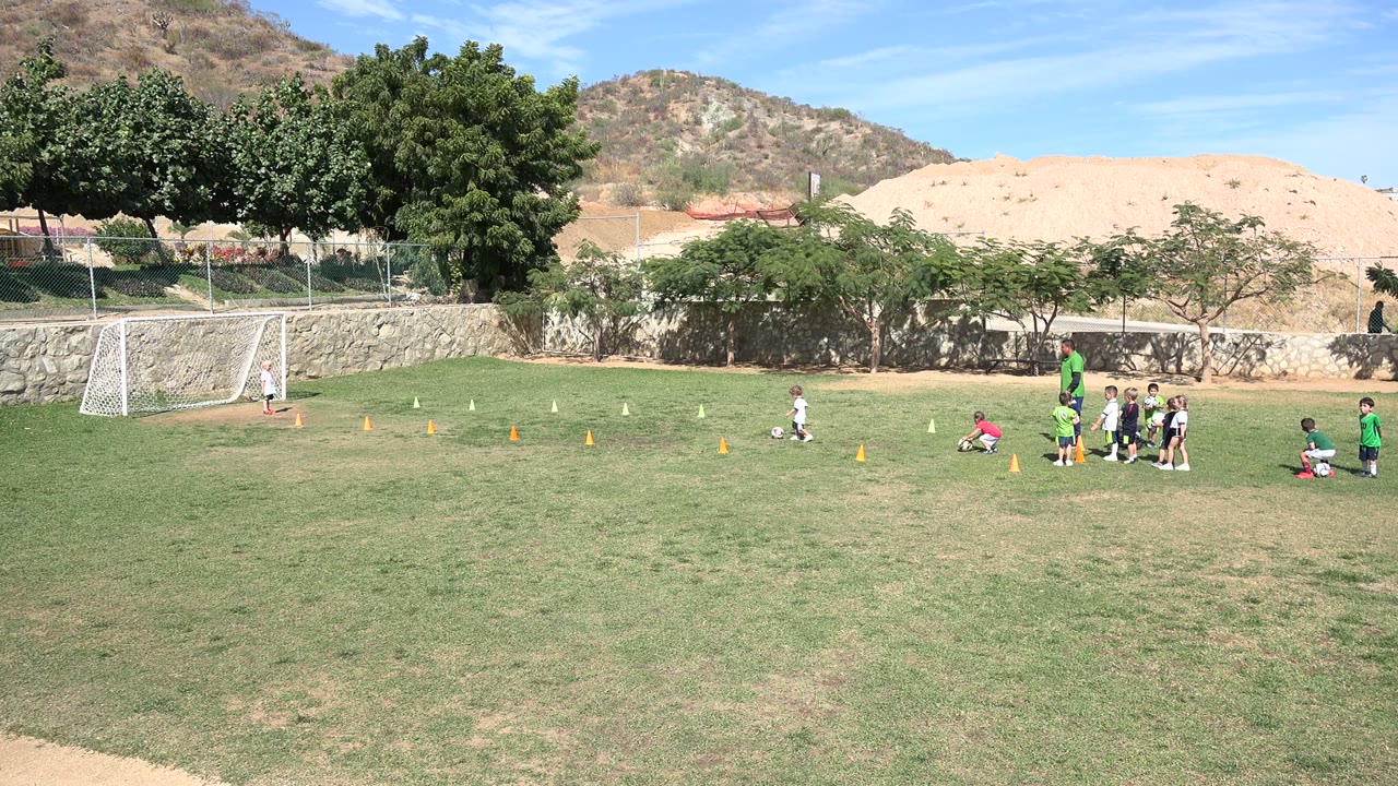 Wide soccer field with children, cones, a white goal net, trees, and hills.