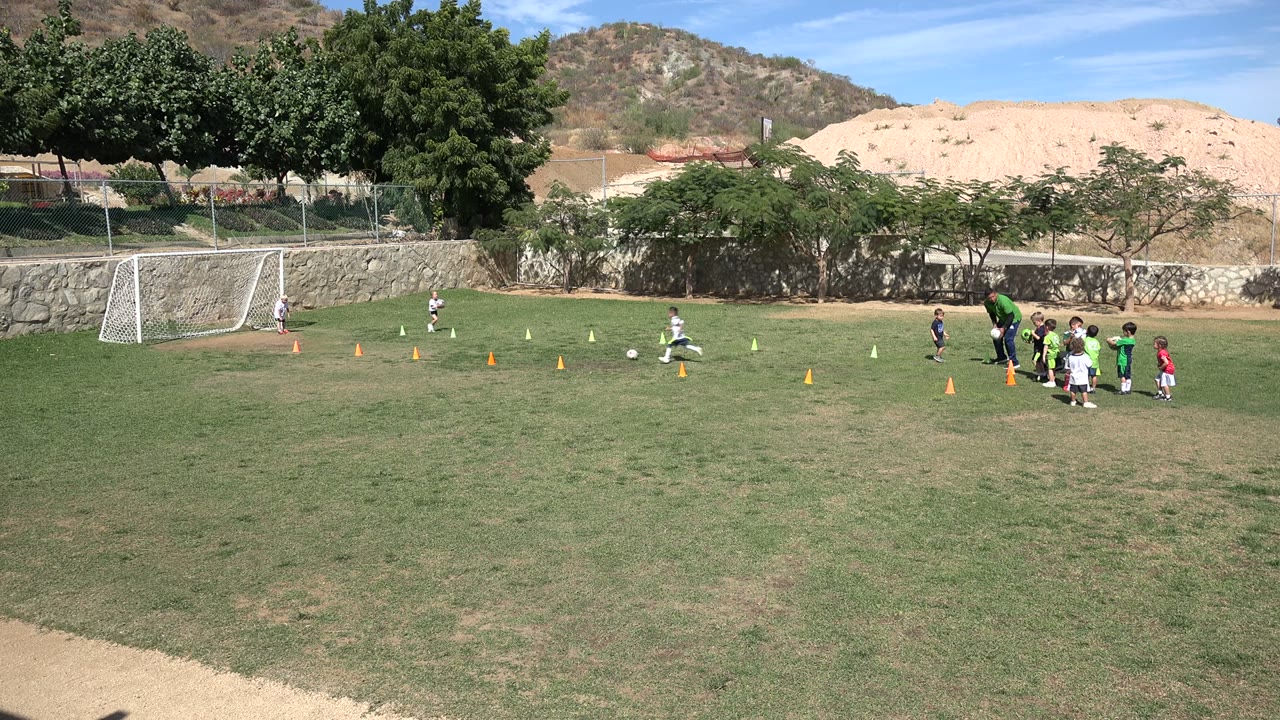 Wide soccer field with children, coach, cones, and small goal.