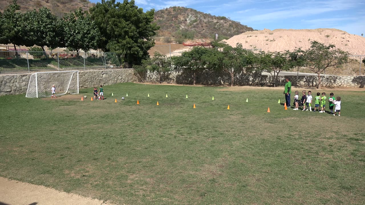 Children gather near cones on a grass football field with a goal at left.