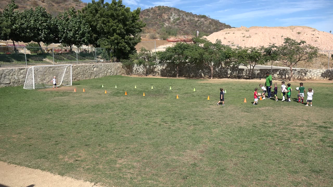 Children and a coach on a soccer field with cones and a goal.