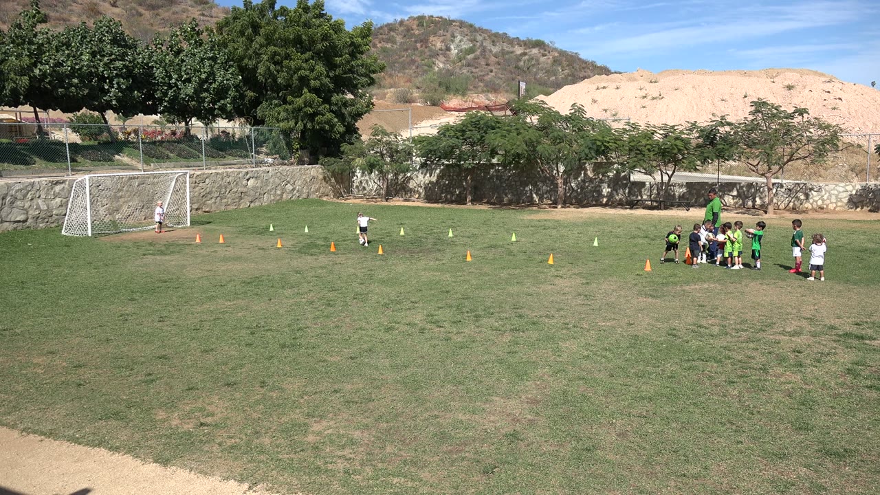 Children's soccer practice on a field with cones and a goal.