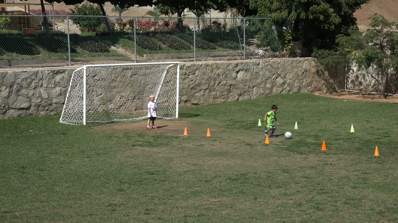 Child near a soccer ball on a grassy field with cones and a goal.
