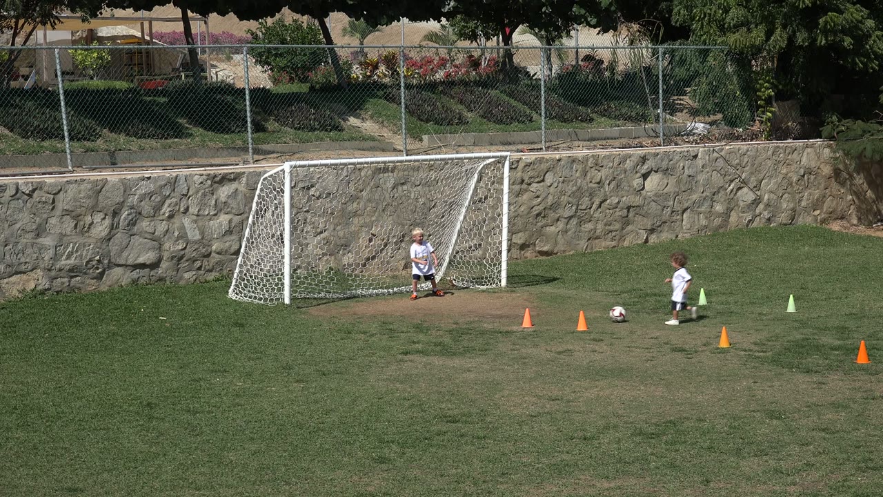 Two boys practice soccer near a small goal on a grassy field.