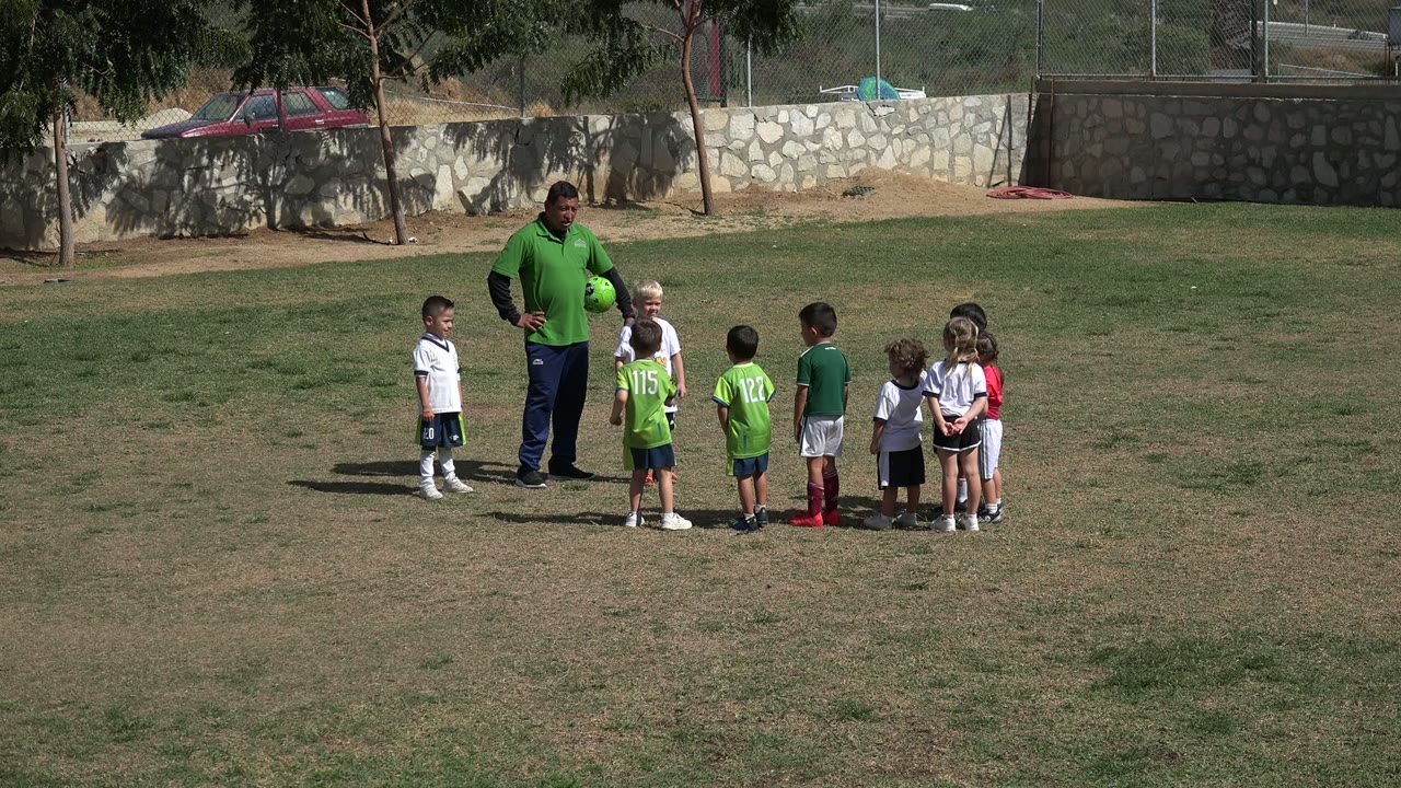 Coach and young soccer players stand together in bright sun on a field.